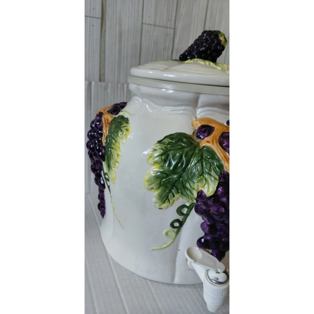 Ceramic Grape Cluster Beverage Dispenser White Purple tuscana style cottagecore